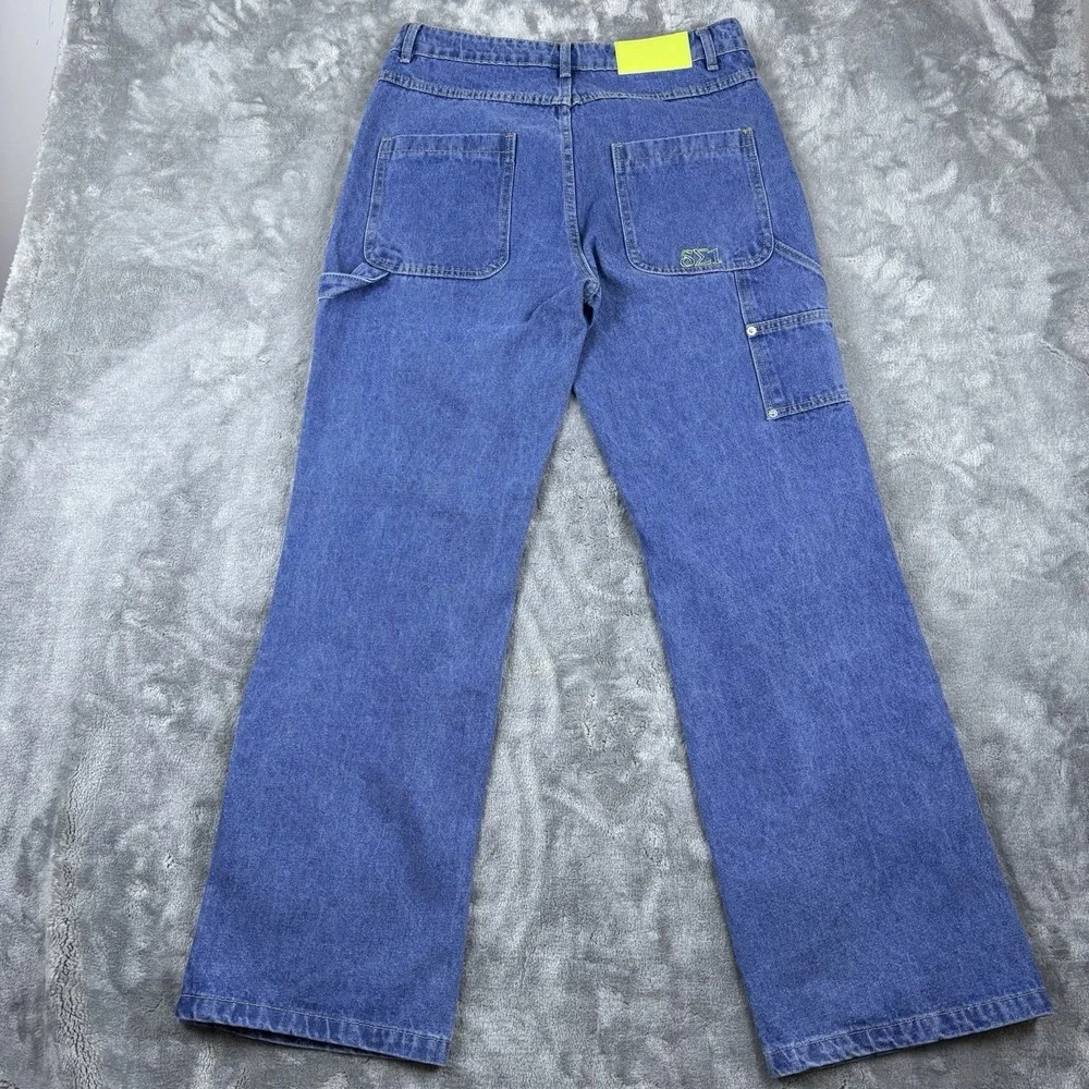 Mens Denim Cargo Jeans Blue‎ Medium Wide Leg Snaps Streetwear Utility Y2K Skater